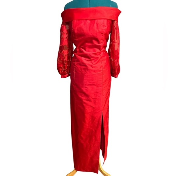 Marisa Baratelli Thai Silk Red Off The Shoulder Gown Floral Sheer Sleeves Sz 10 - Picture 1 of 11